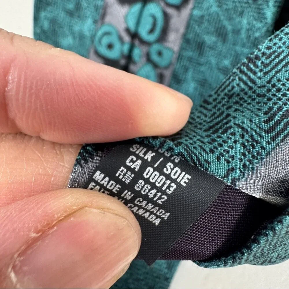 LEO Chevalier Silk Tie Teal Geometric Pattern Made in Canada Career Office Wear
